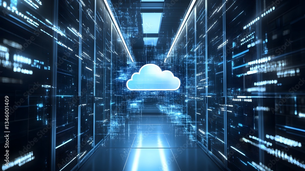 Poster Cloud computing symbol floating in server room corridor
