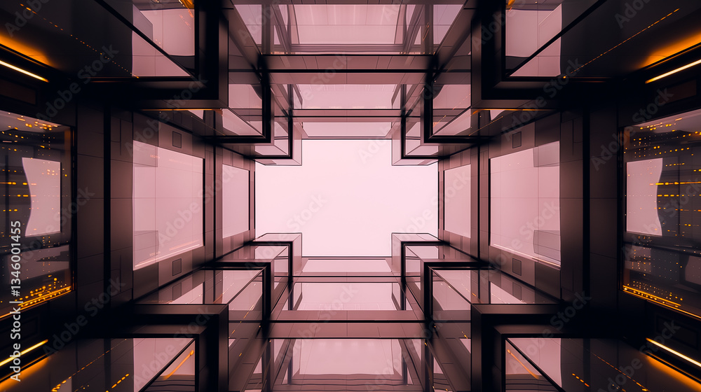 Poster ascending perspective: modern architectural marvel showcases a unique, symmetrical view from below, 