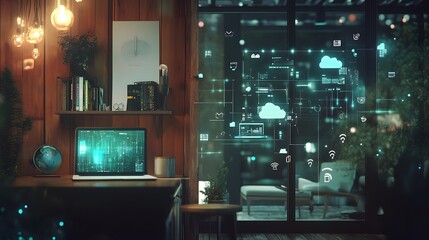 Cloud computing futuristic interface displaying on a window in a cozy room