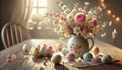 Easter table with a floral bouquet in vase, pastel-colored decorated eggs, and soft candlelight. Cozy holiday atmosphere and spring  concept. Design for greeting card, invitation, poster, banner.