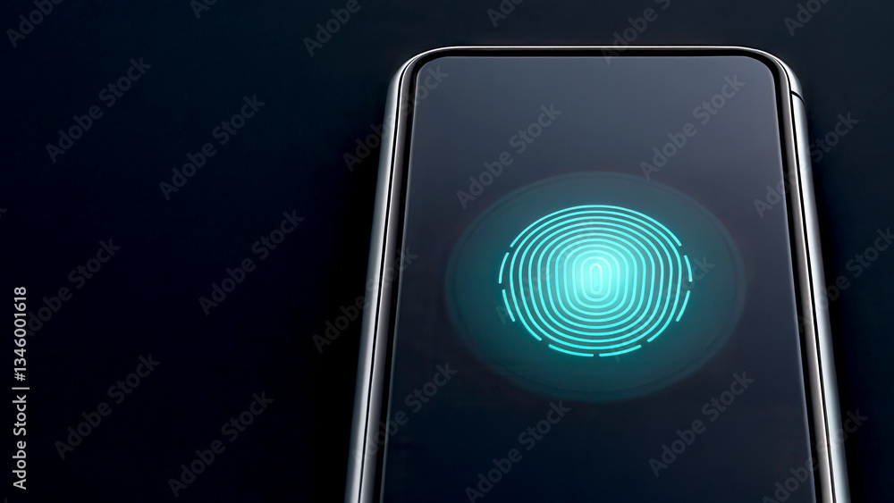 Poster financial technology concept. futuristic smartphone displaying a fingerprint sensor illuminated in b