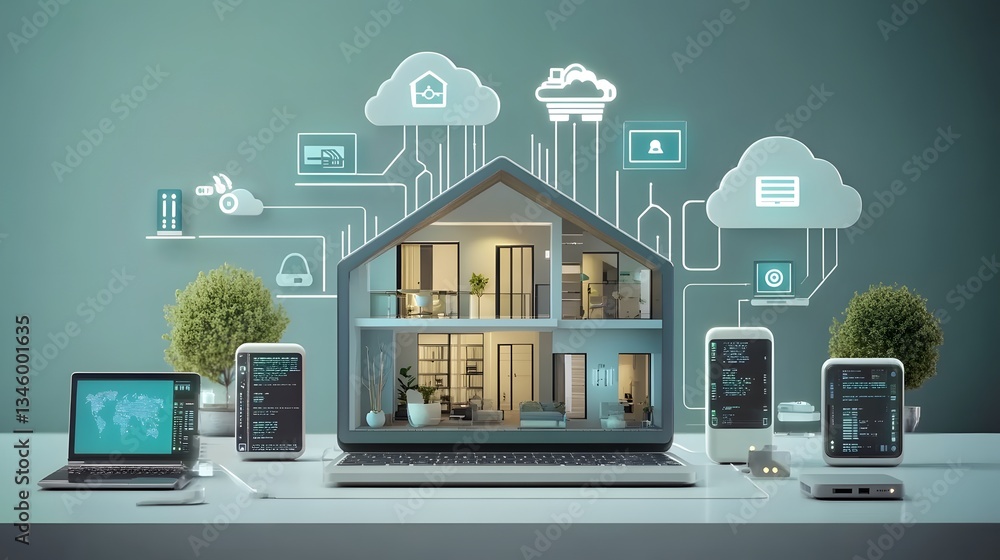Poster Smart home automation system controlling modern house via laptop and mobile devices