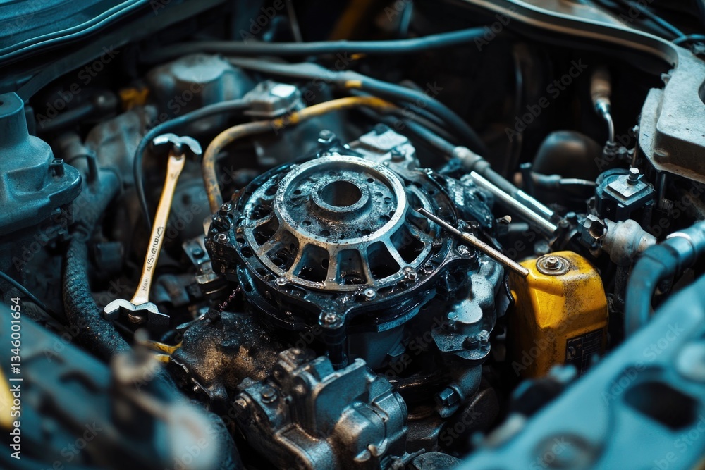 Poster a detailed view of an internal combustion engine inside a vehicle