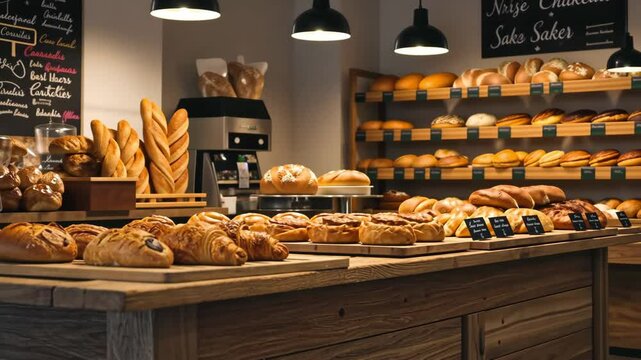 Display of assorted breads and pastries at a bakery with shelves and lights overhead