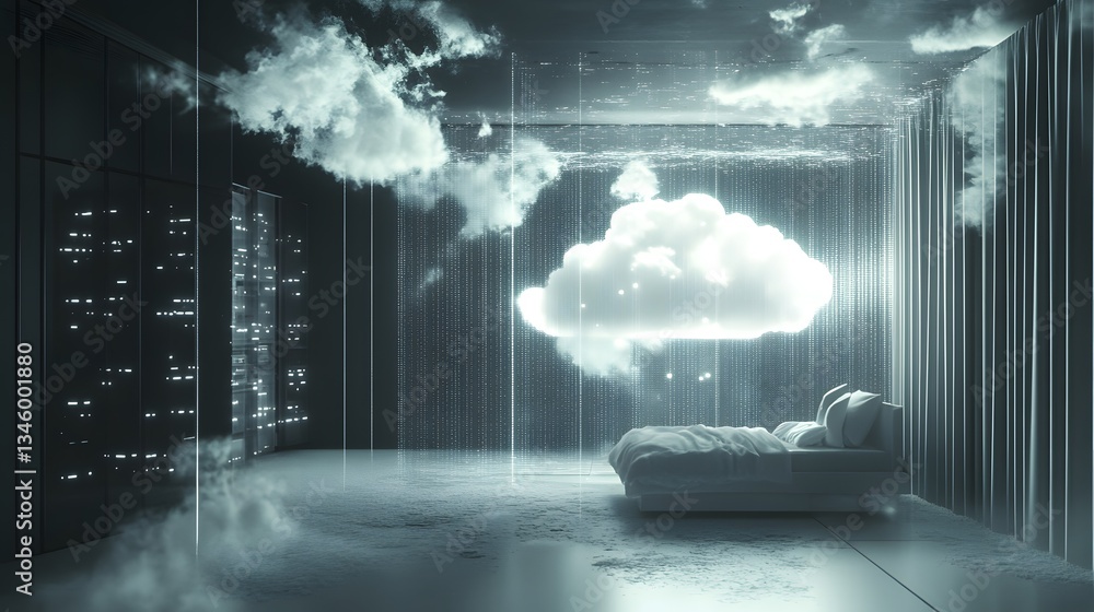 Poster Cloud computing protecting data in futuristic server room with bed