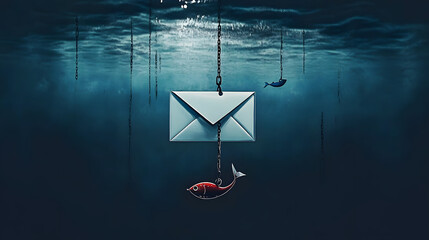 Phishing Email Trap: A conceptual illustration of a phishing email attached to a fishing hook, symbolizing the danger of online scams and the need for cybersecurity awareness.