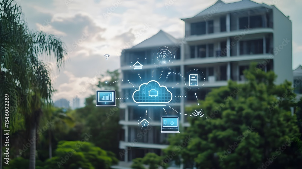 Fototapete Cloud computing managing smart building, connecting devices and storing data