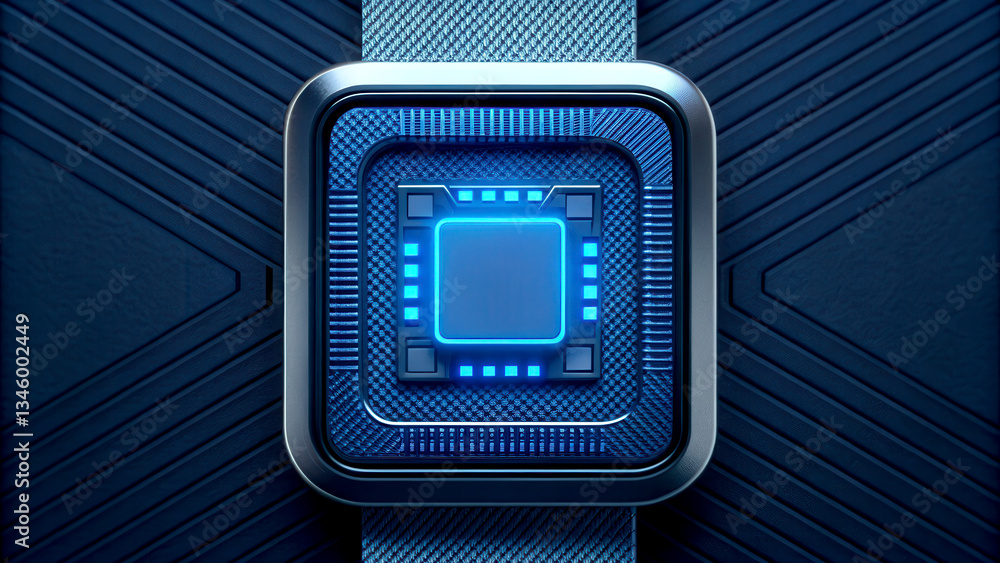 Poster financial technology concept. futuristic microchip design with intricate patterns and blue accents o