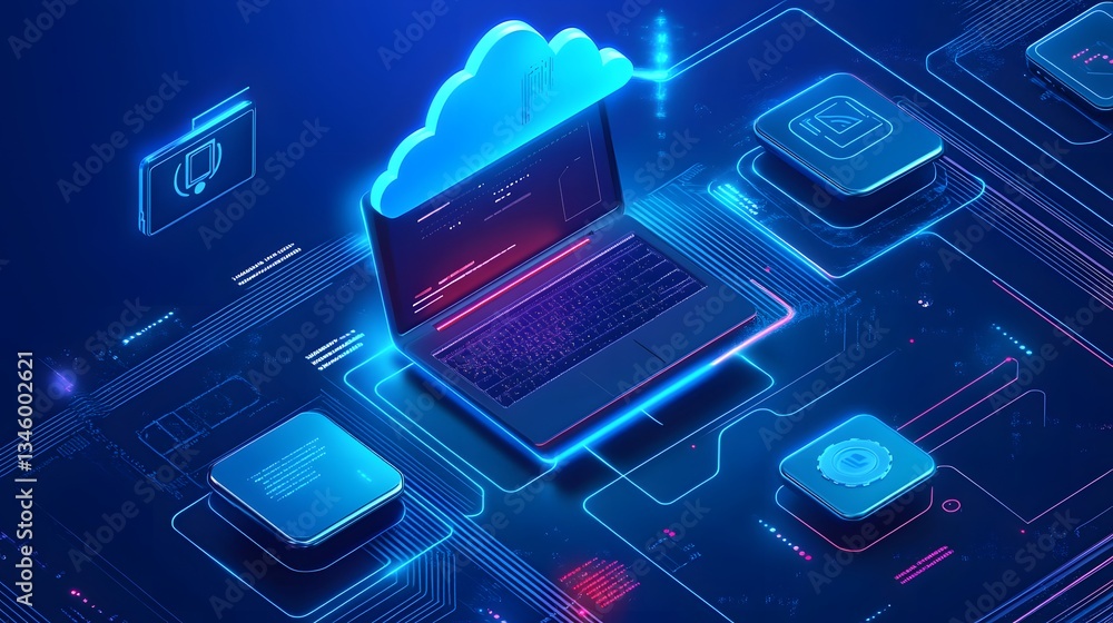 Poster Laptop showing code connected to cloud computing system with icons representing software and data storage