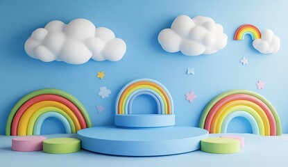 Playful, colorful display podium scene