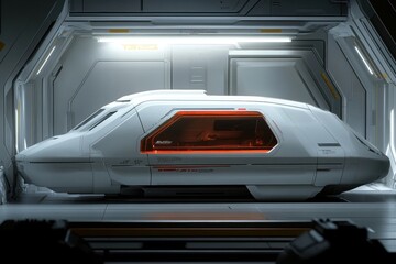 Futuristic medical transport pod rests in a sterile, white docking bay. Sleek design, glowing orange interior.
