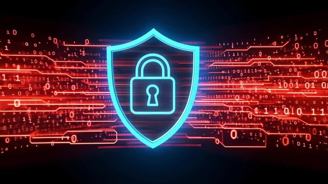 Glowing blue shield with padlock over red binary code on a dark background design element
