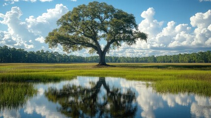 Fototapeta premium A large tree reflects in a serene body of tranquil water