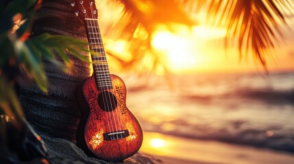 Naklejka premium Sunset Scene with Ukulele on the Beach Surrounded by Palm Trees