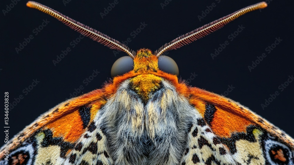 Poster a close-up view of a butterfly's face on a black background