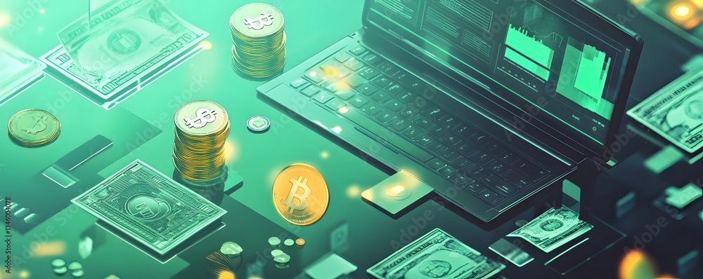 Aufkleber laptop showing cryptocurrency exchange rates with bitcoin and dollars floating around