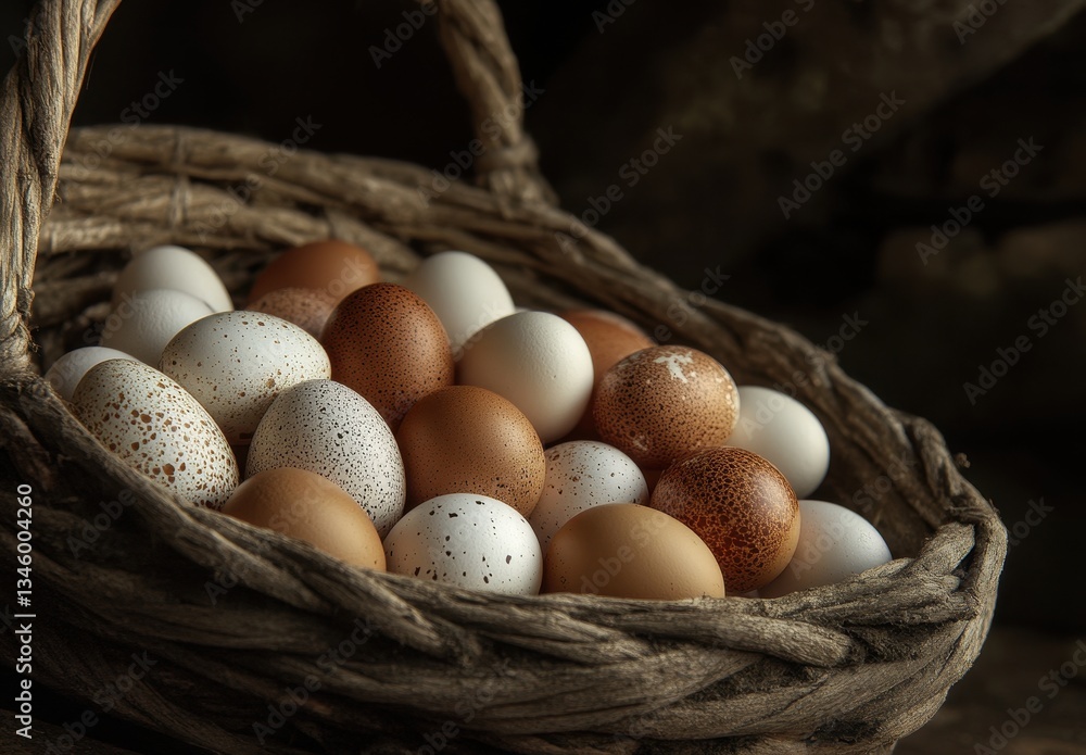 Poster assorted eggs in a rustic basket showcasing various colors and patterns, perfect for culinary or far