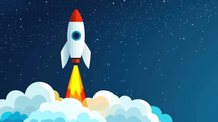 Rocket launching into space surrounded by clouds and stars.