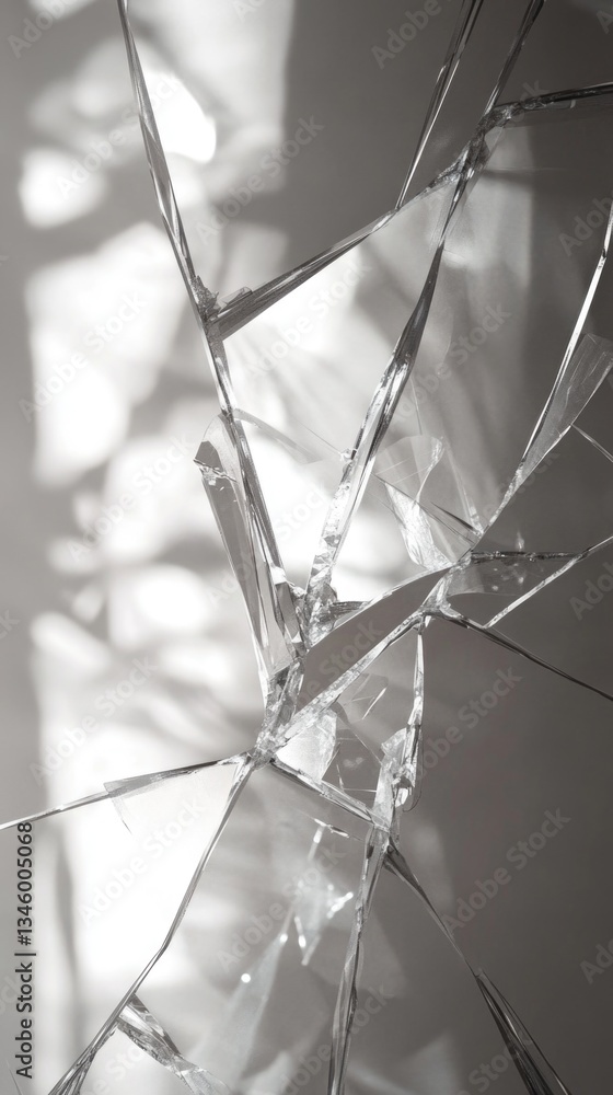 Poster a picture of a broken glass window with sunlight shining through it