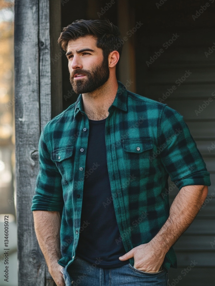 Poster a person with a beard stands in front of a building, possibly an office or store