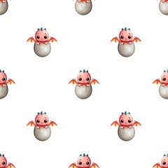 Fototapeta premium A cute seamless pattern with a pink dragon in an open egg on a white background. Ideal for children's products due to its smooth repetition.