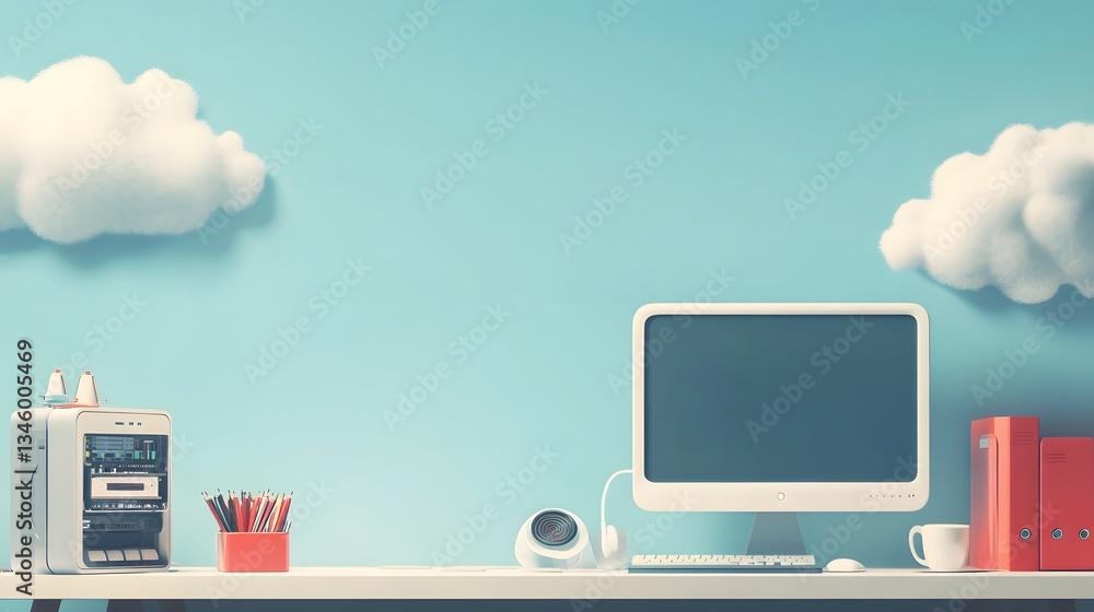 Aufkleber Modern office desk with computer and fluffy clouds representing cloud computing