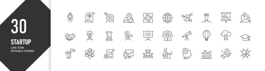 30 Startup Business Line Icons Set for Presentation, Strategy, and Growth Concept in Minimalist Style