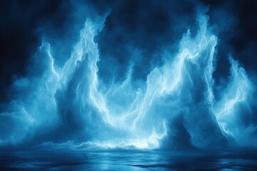 Fototapeta premium Dramatic blue smoke forms a powerful display against a dark background