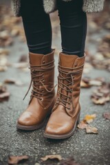 A pair of brown boots with laces on them, suitable for outdoor use or as an accessory