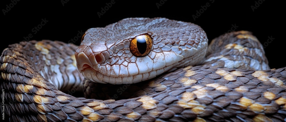 Poster A close-up view of a snake's head on a black background, perfect for use in designs where you want to highlight a reptilian theme