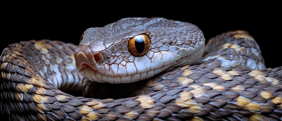 Fototapeta premium A close-up view of a snake's head on a black background, perfect for use in designs where you want to highlight a reptilian theme