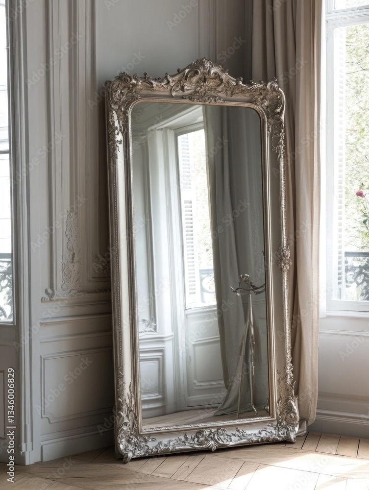 Poster a large mirror sits in a room next to a window, providing a reflective surface