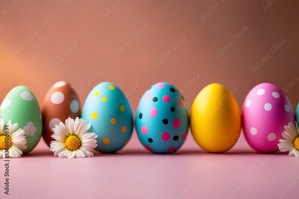 Poster row of colorful eggs with polka dots and stripes are lined up next to a daisy