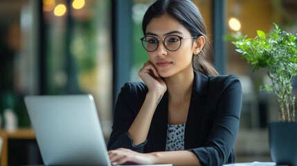 Focused professional financial it specialist latin hispanic business lady working concentrated on laptop pc sitting in office. Middle eastern indian woman using computer technology app for work online