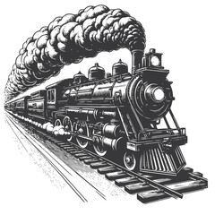 Engraving of a classic steam locomotive with dense smoke and vintage charm