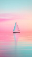 Obraz premium A serene sailboat drifts gently across calm waters. The pastel colors create a dreamlike atmosphere. Peaceful moments captured in a breathtaking scene. Generative AI