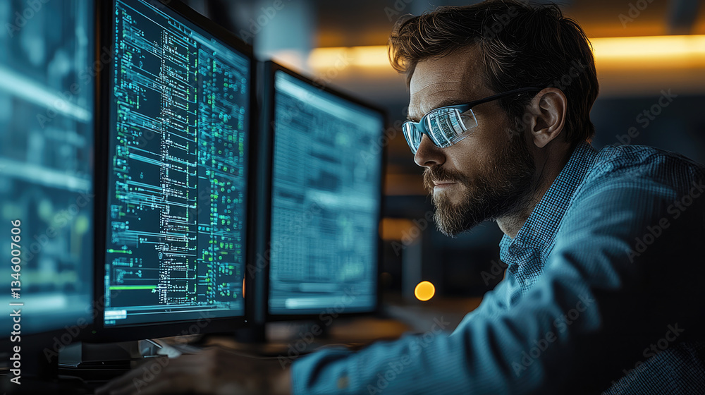 Fototapete focused engineer analyzes complex data multiple screens, showcasing modern workspace filled with tec