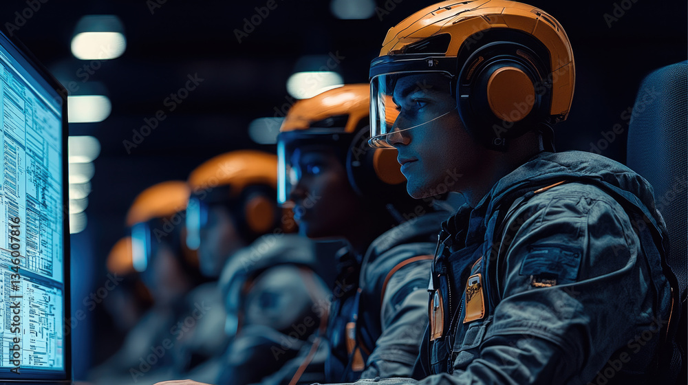 Leinwandbilder in futuristic setting, group of engineers wearing orange helmets and high tech gear are focused on t