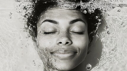 Monochrome portrait of a calm woman underwater with eyes closed, bubbles surround her. Ideal for serenity concepts, beauty, mindfulness, and unique portraiture projects.