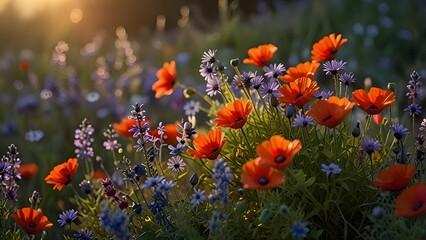 A beautiful cluster of wildflowers, featuring vibrant daisies, purple lavender, and red poppies, each petal kissed by fresh morning dew, bathed in the soft glow of the sunrise.