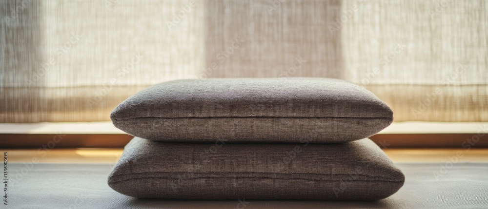 Poster a stack of pillows sitting on a table