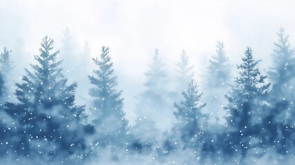 Watercolor painting of snowy trees, serene tones, in a winter forest, with copy space