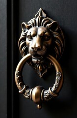 Lion head door knocker decorating a black door