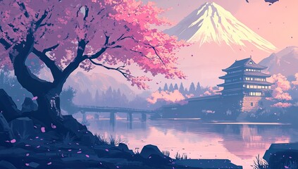 Serene Japanese landscape with cherry blossoms
