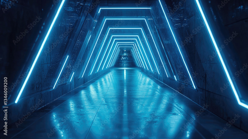 Poster futuristic corridor illuminated by vibrant blue neon lights creates captivating atmosphere. geometri