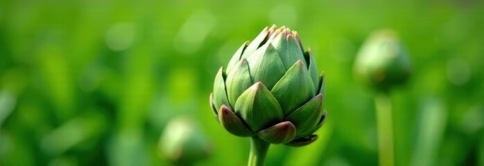 Fototapeta premium Artichoke bud growing in green field with copy space banner