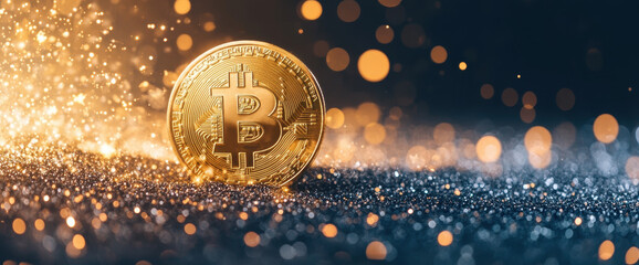 golden bitcoin illuminated against a blurred, bokeh-filled background, it evokes the digital currency's value, security, and potential 