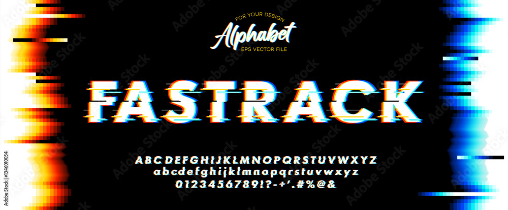 Poster futuristic digital distortion font and alphabet. text with screen glitch vhs effect. vector illustra
