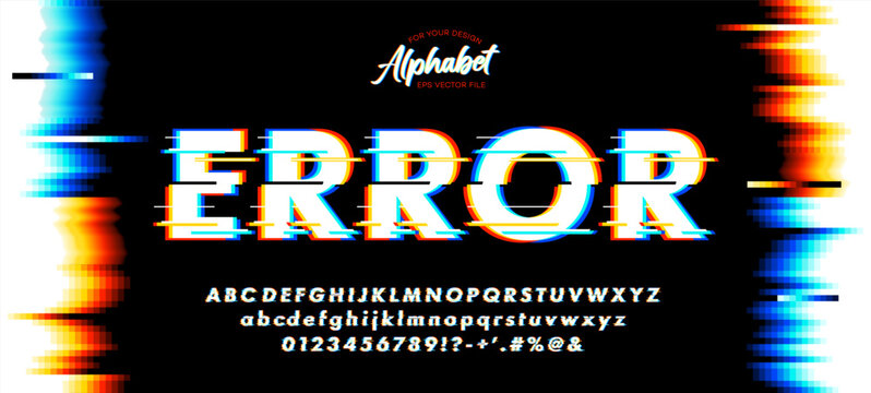 Futuristic digital distortion font and alphabet. Text with screen glitch VHS effect. Vector illustration