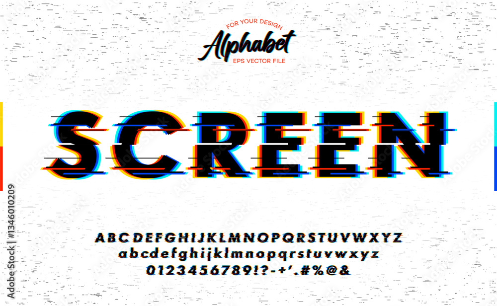 Poster futuristic digital distortion font and alphabet. text with screen glitch vhs effect. vector illustra